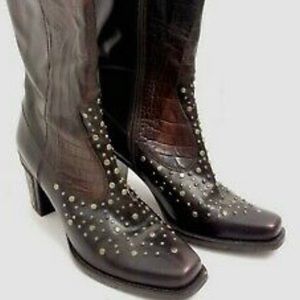 Stuart Weitzman Brown Leather Studded Zip Up Block Heel Cowboy Boots
